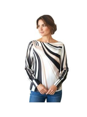 Chic Abstract Striped Blouse Long Sleeve Cuffed Sz 4 White Pink Black